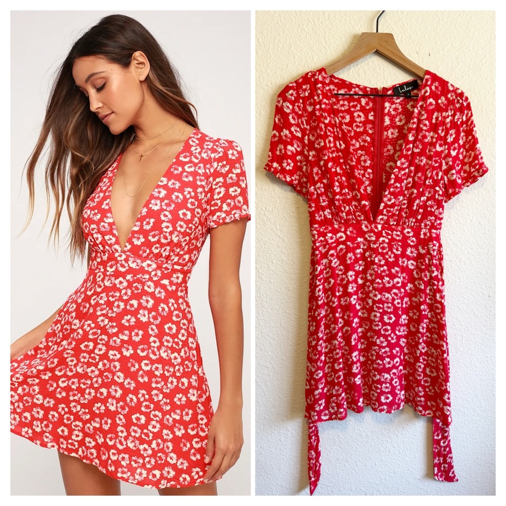Lulu's Vibrant Red and White Floral Dress-Size S